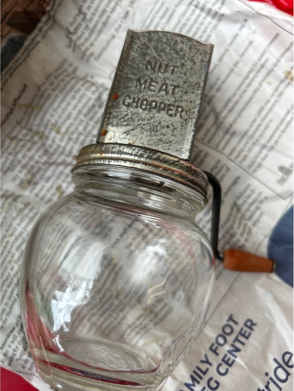 Antique Vintage Nut Meat Chopper Clear Glass Jar Metal Mechanism Handle Rustic